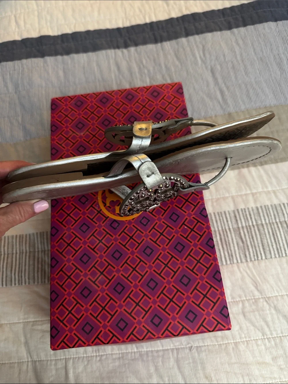Tory Burch Metallic Silver Logo Medallion Thong Sandals
